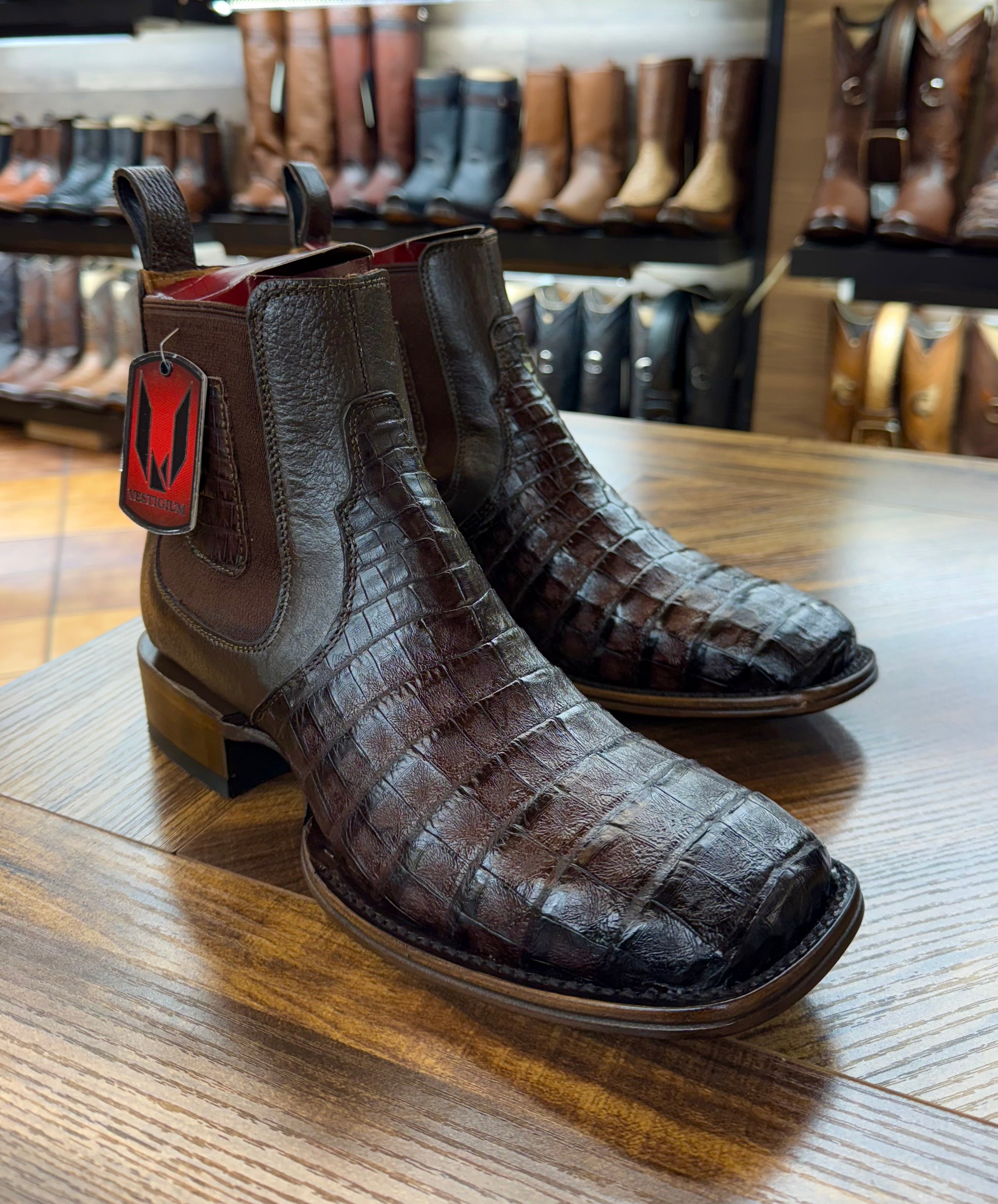 Men’s Wide Square Toe Caiman Belly Ankle Boot