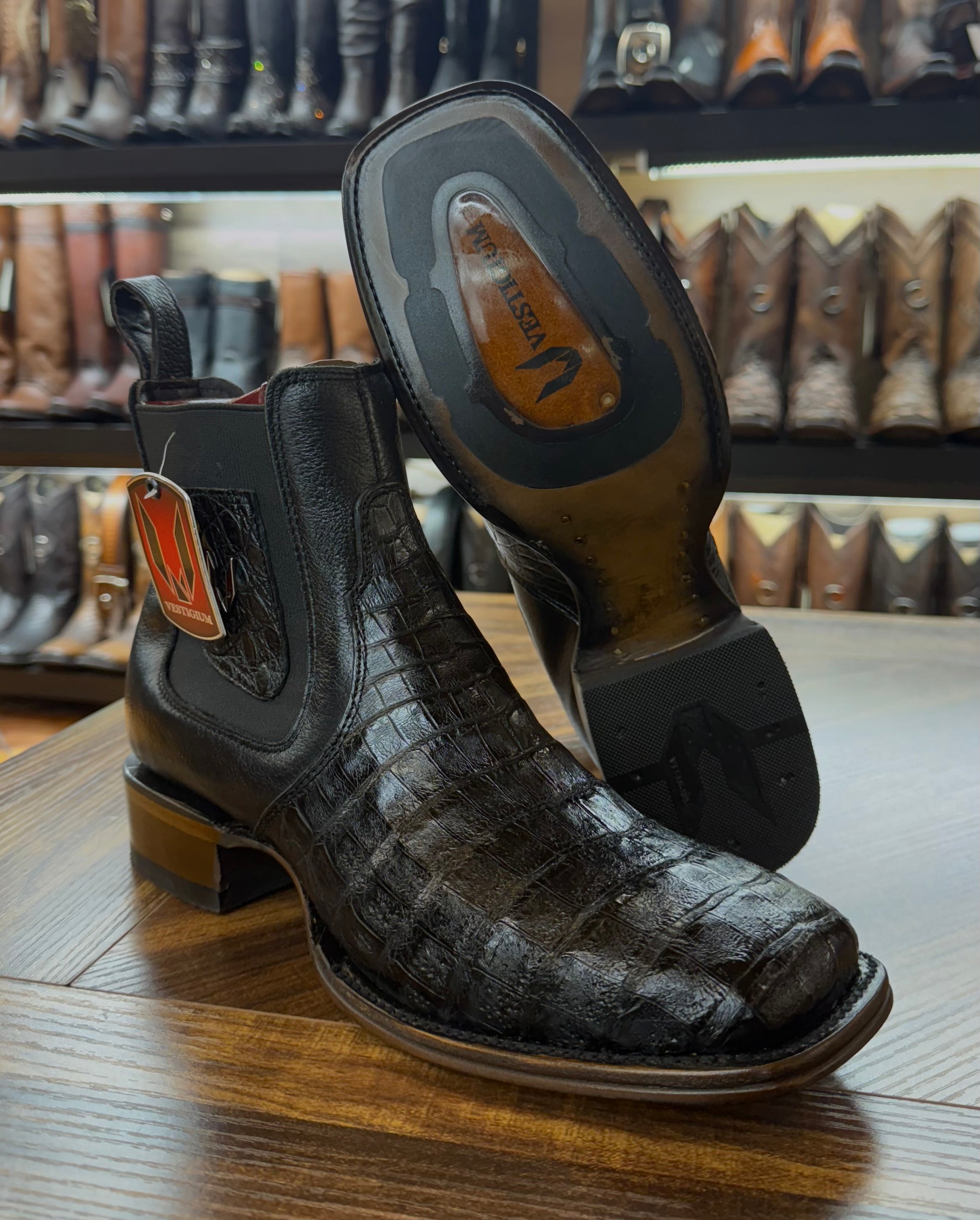 Men’s Wide Square Toe Caiman Belly Ankle Boot