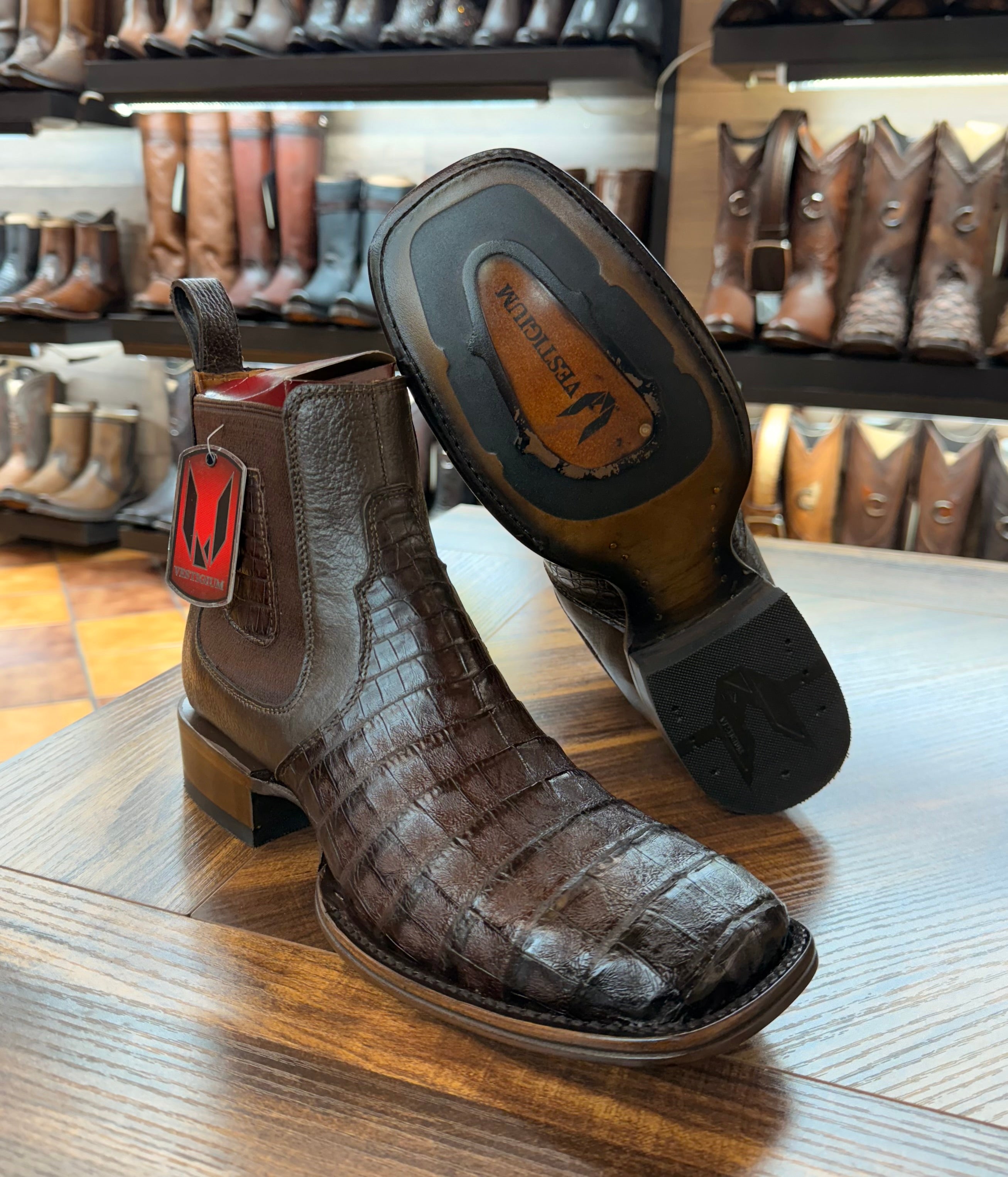 Men’s Wide Square Toe Caiman Belly Ankle Boot