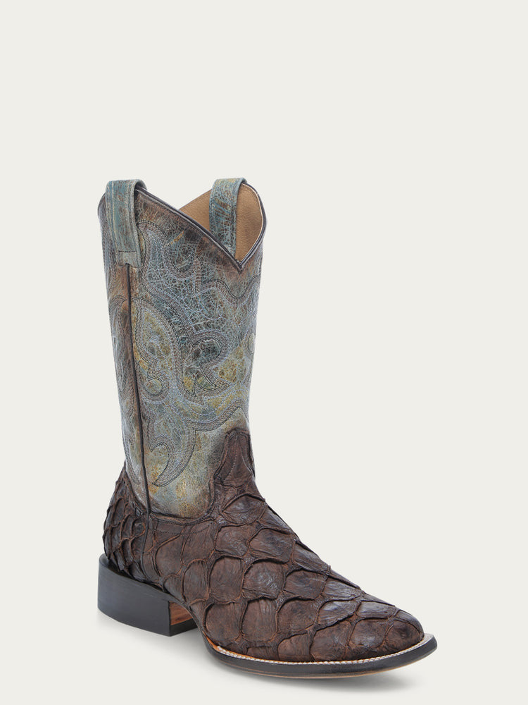 Men’s Tobacco Fish Pirarucu Faded Turquoise Wide Square Toe Cowboy Boot