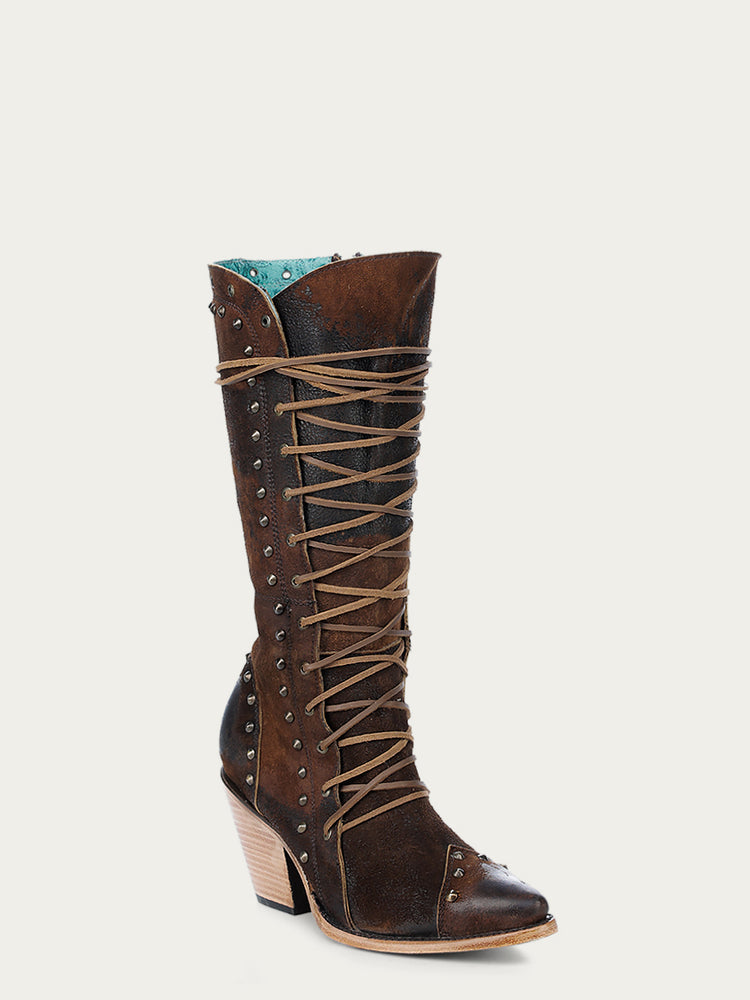 Corral Boots WOMEN'S LACE UP STUDS WIDE CALF POINTED TOE BROWN COWBOY BOOT WITH ZIPPER