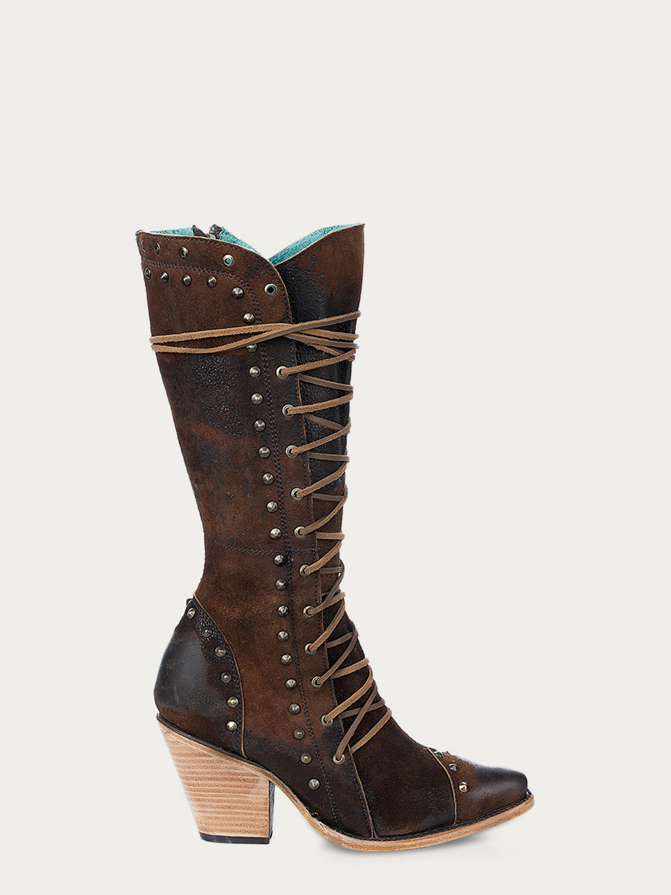 Corral Boots WOMEN'S LACE UP STUDS WIDE CALF POINTED TOE BROWN COWBOY BOOT WITH ZIPPER