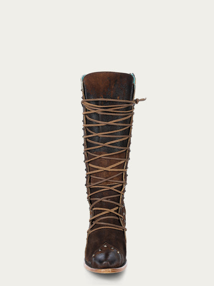 Corral Boots WOMEN'S LACE UP STUDS WIDE CALF POINTED TOE BROWN COWBOY BOOT WITH ZIPPER