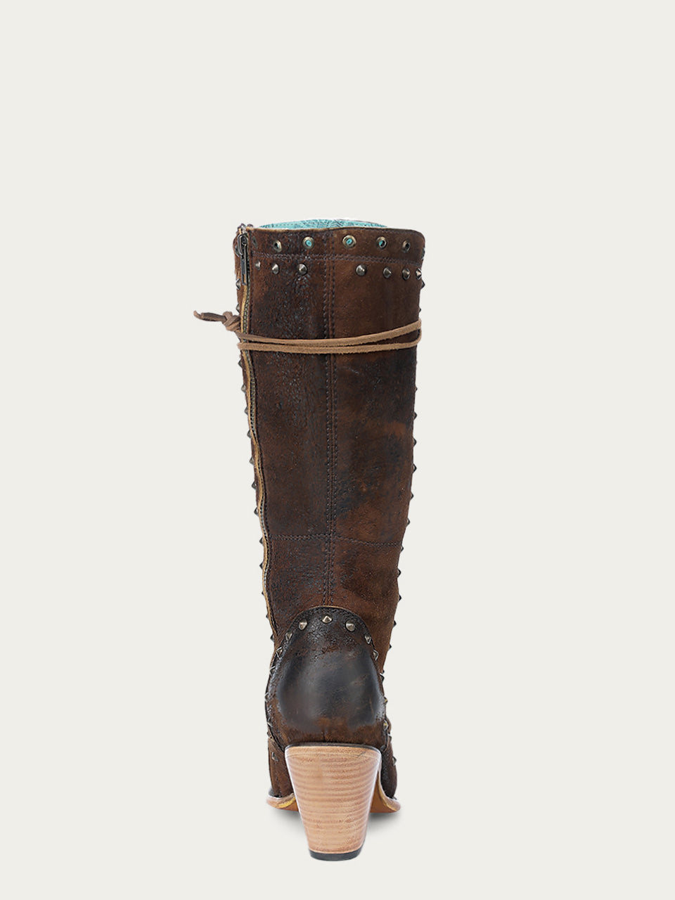 Corral Boots WOMEN'S LACE UP STUDS WIDE CALF POINTED TOE BROWN COWBOY BOOT WITH ZIPPER