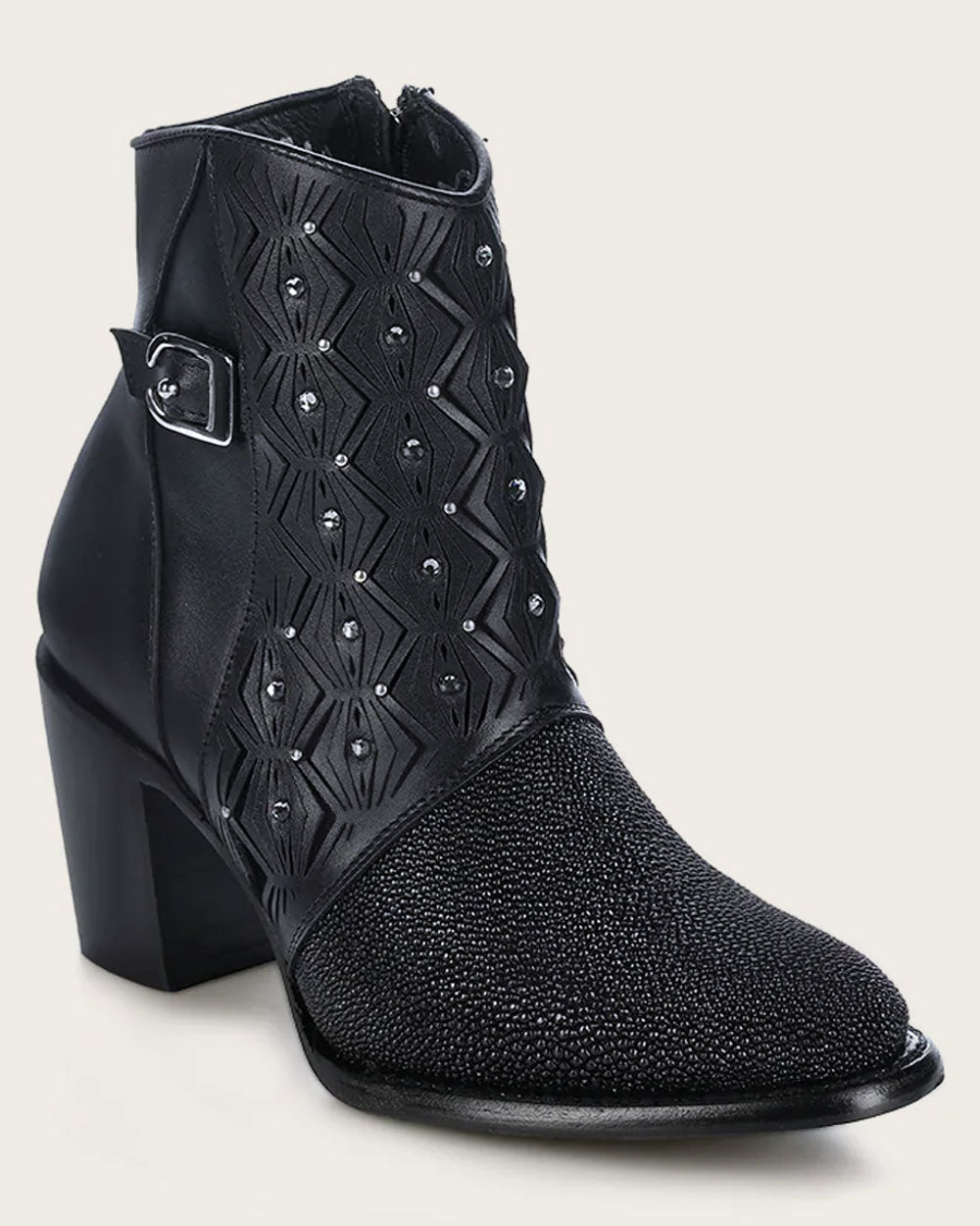 Cuadra Women’s Black Stingray Zipper & Studs & Laser Round Toe