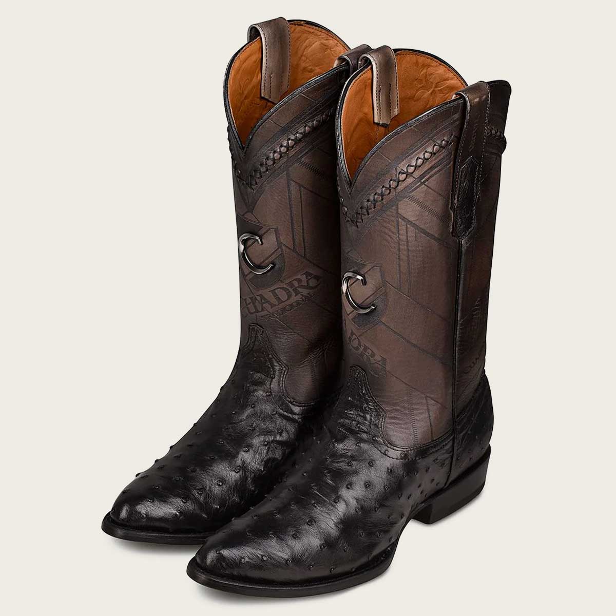 Cuadra Black Engraved Ostrich Leather Round Toe Western boot