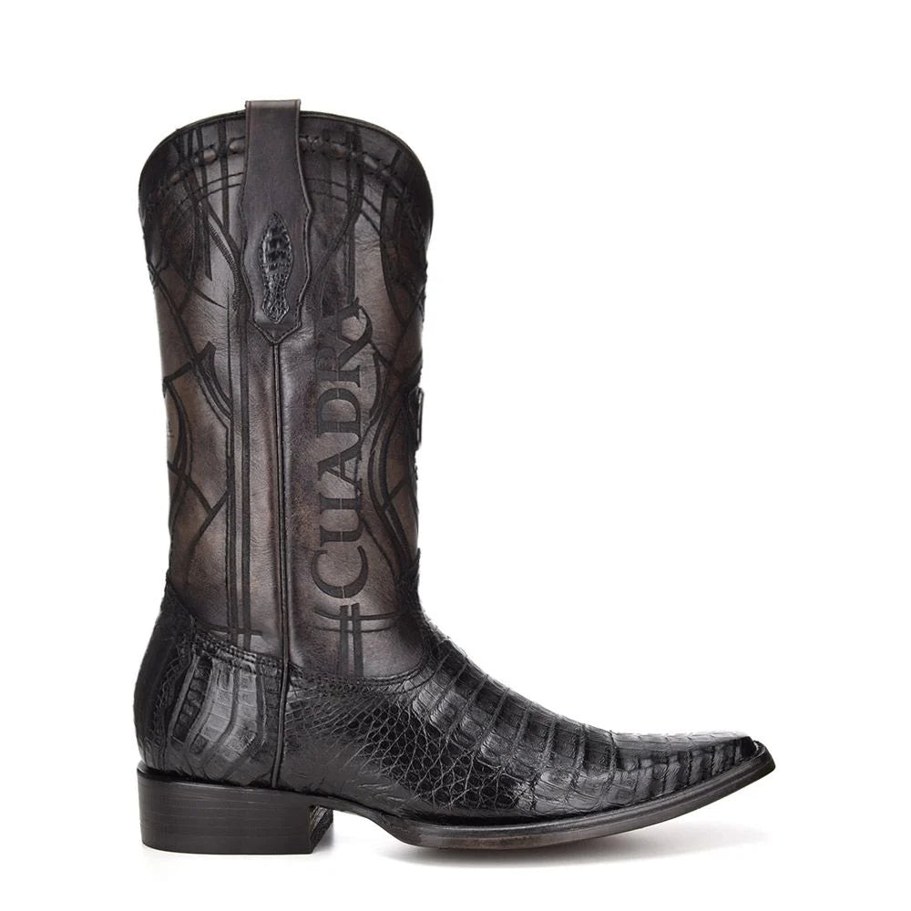 Cuadra Men's Western Engraved Black Caiman Laser Embroidery Narrow Square Toe Exotic Boot