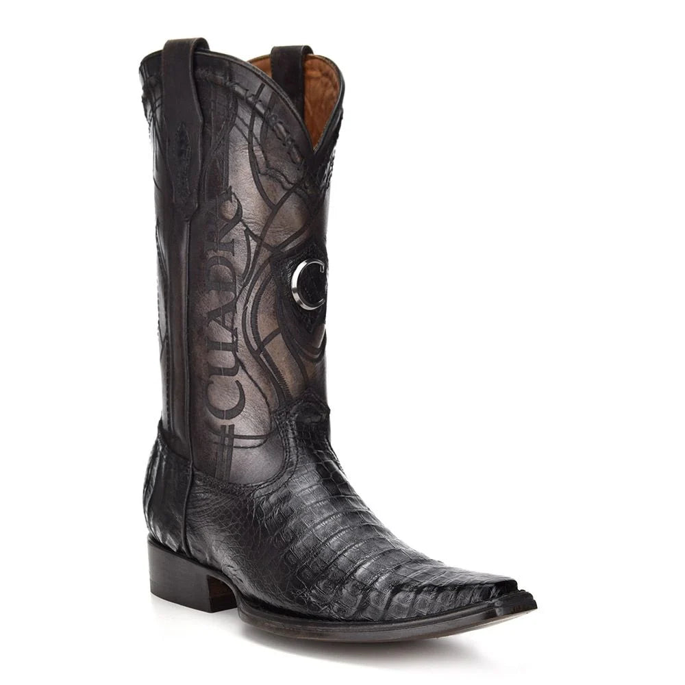 Cuadra Men's Western Engraved Black Caiman Laser Embroidery Narrow Square Toe Exotic Boot