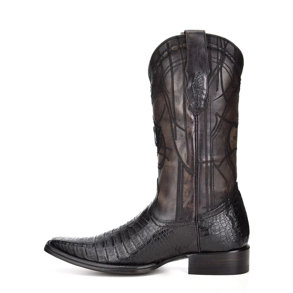 Cuadra Men's Western Engraved Black Caiman Laser Embroidery Narrow Square Toe Exotic Boot