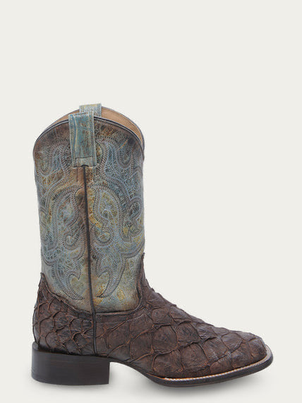 Men’s Tobacco Fish Pirarucu Faded Turquoise Wide Square Toe Cowboy Boot