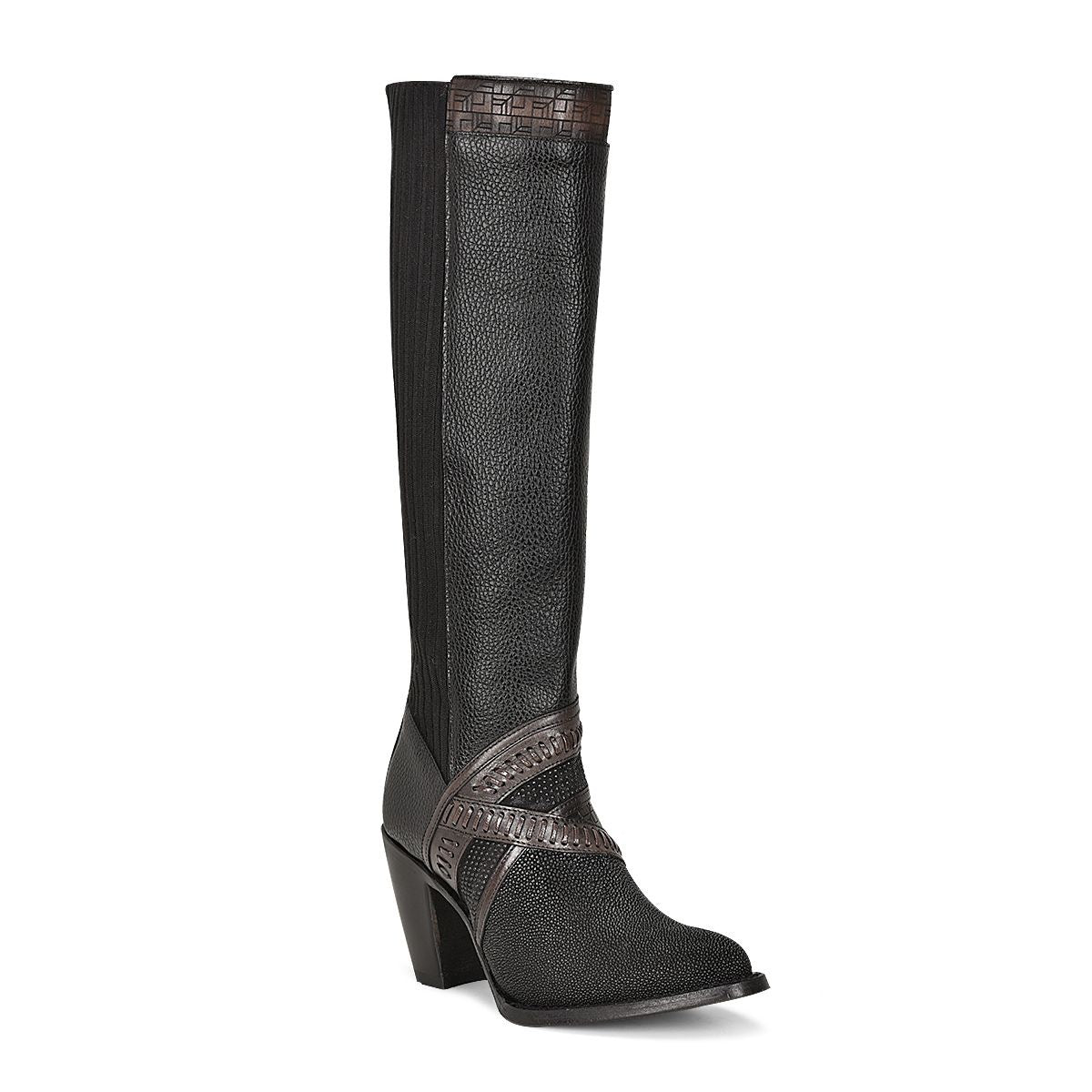 Black exotic riding boot with hand-woven details