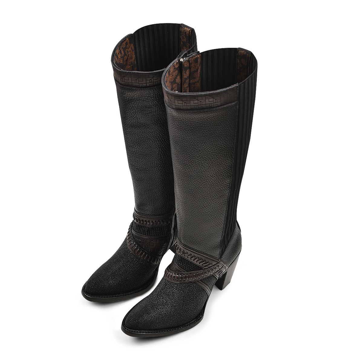 Black exotic riding boot with hand-woven details