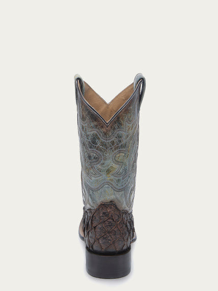 Men’s Tobacco Fish Pirarucu Faded Turquoise Wide Square Toe Cowboy Boot