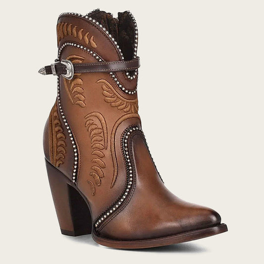 Embroidered honey leather western bootie