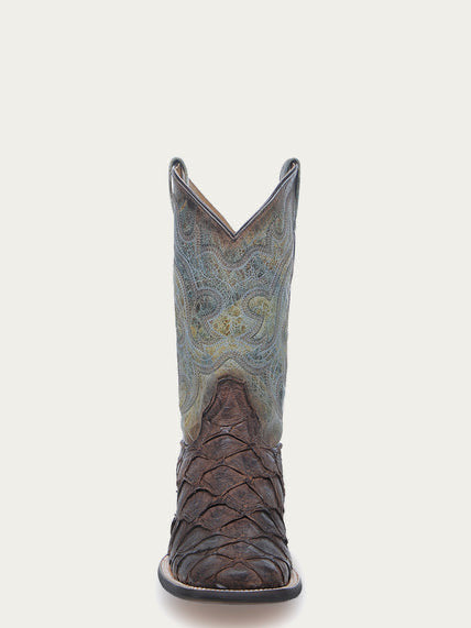 Men’s Tobacco Fish Pirarucu Faded Turquoise Wide Square Toe Cowboy Boot