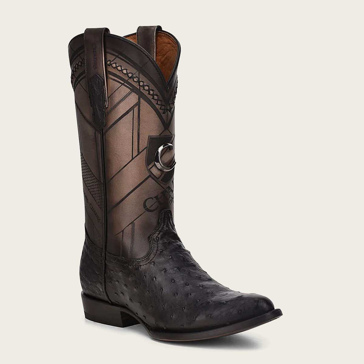 Cuadra Black Engraved Ostrich Leather Round Toe Western boot