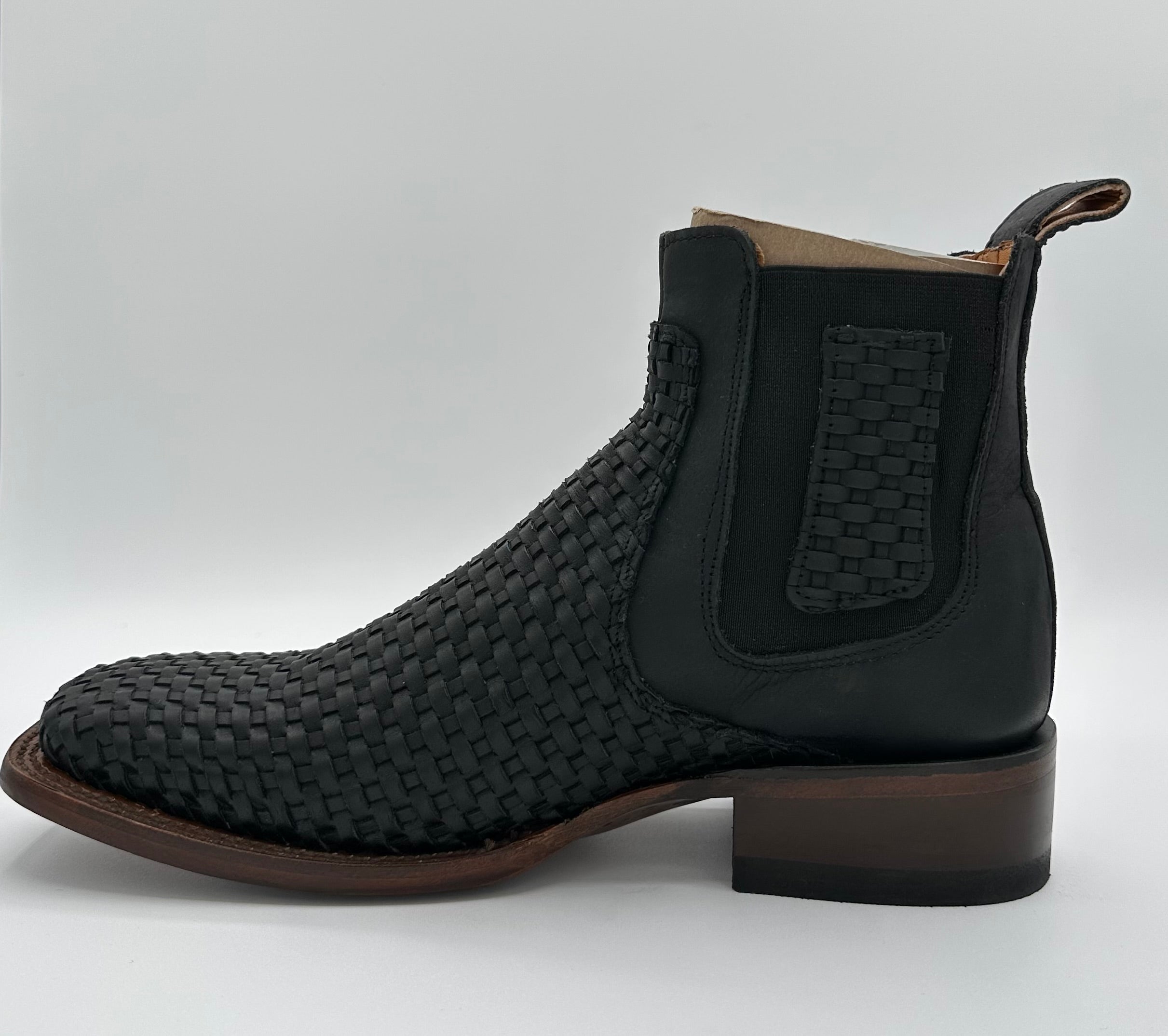 Black Woven Wide Square Toe Botines