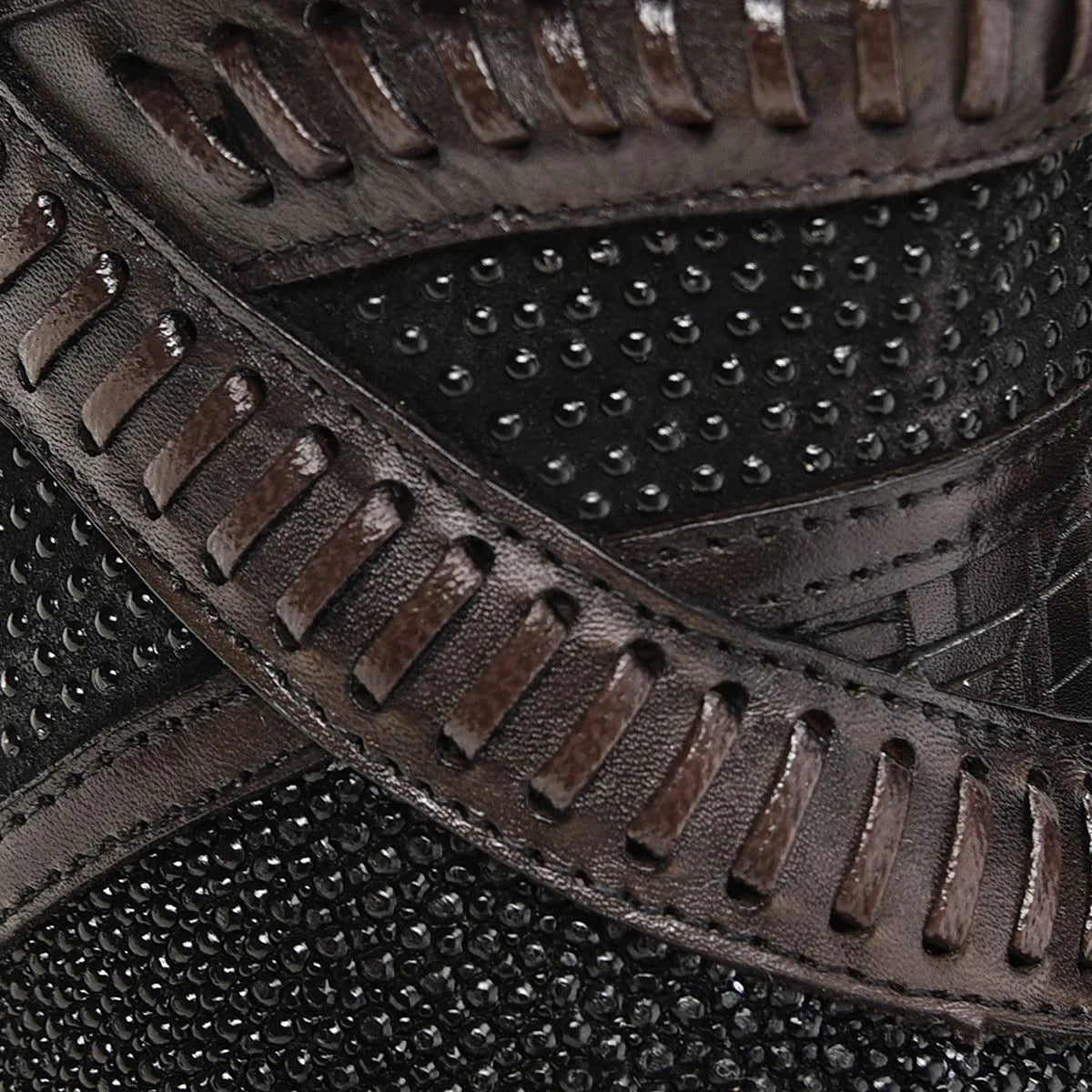 Black exotic riding boot with hand-woven details