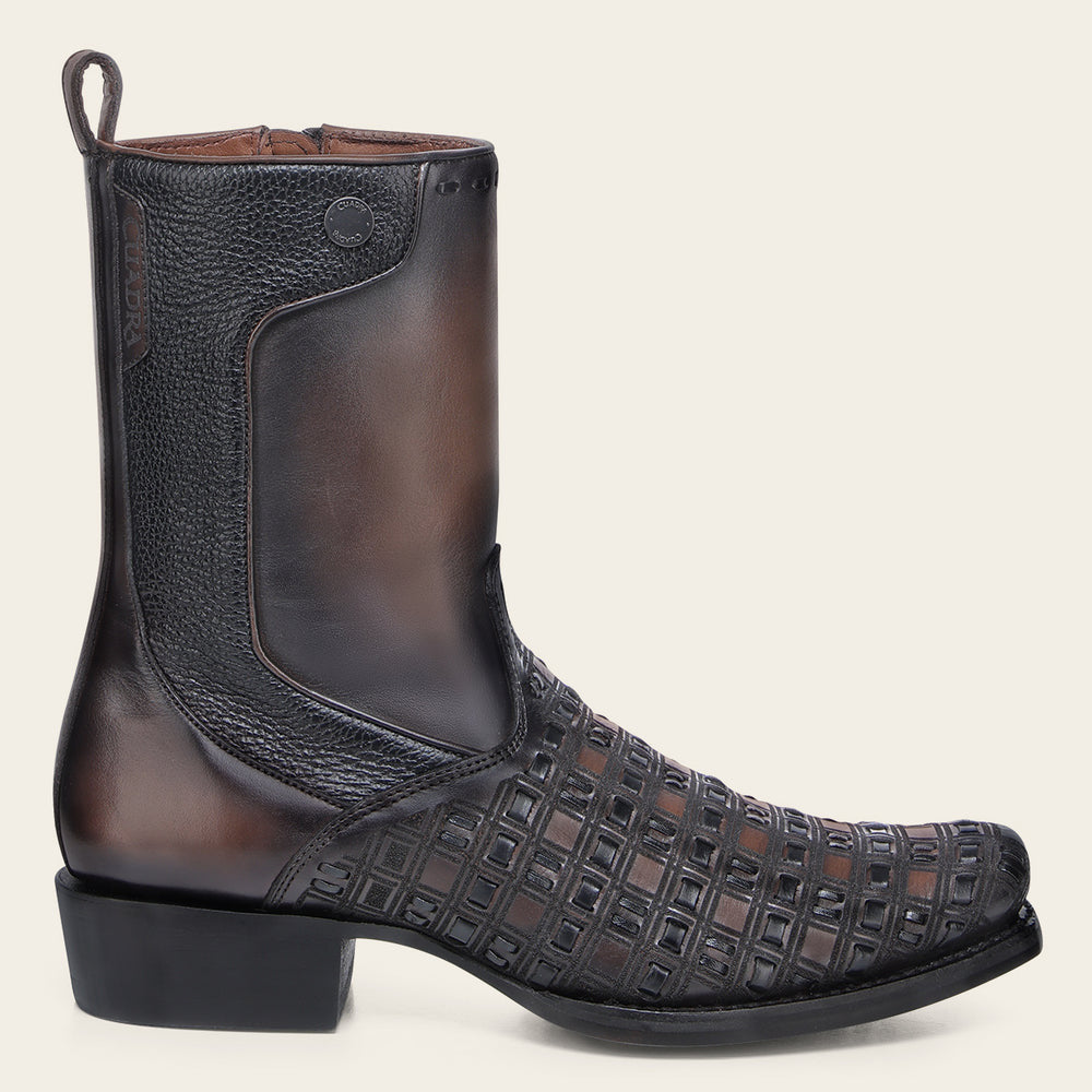 Cuadra Men’s Chocolate & Black Laser & Woven & Zipper Narrow Square Toe