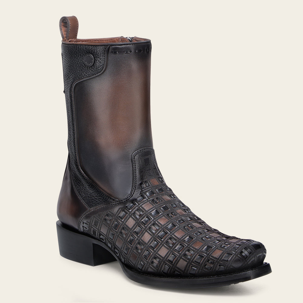 Cuadra Men’s Chocolate & Black Laser & Woven & Zipper Narrow Square Toe