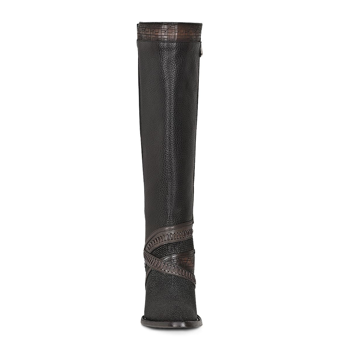 Black exotic riding boot with hand-woven details