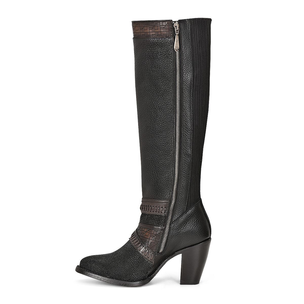 Black exotic riding boot with hand-woven details