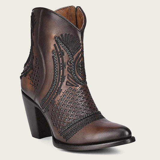 Artisan embroidered brown leather bootie