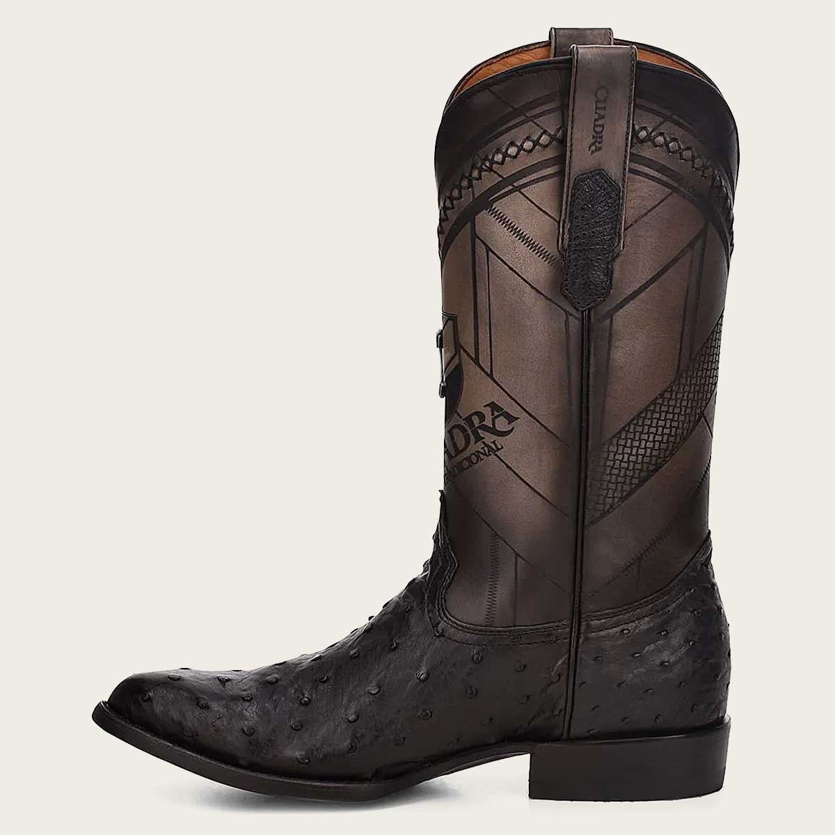 Cuadra Black Engraved Ostrich Leather Round Toe Western boot