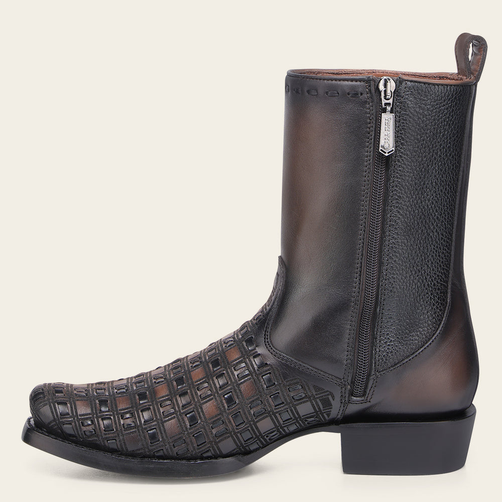 Cuadra Men’s Chocolate & Black Laser & Woven & Zipper Narrow Square Toe