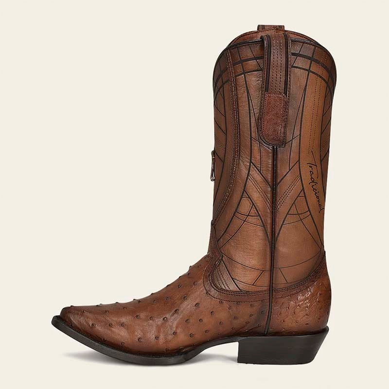 Cuadra Men's Honey Ostrich Laser & Embroidery Snip Toe