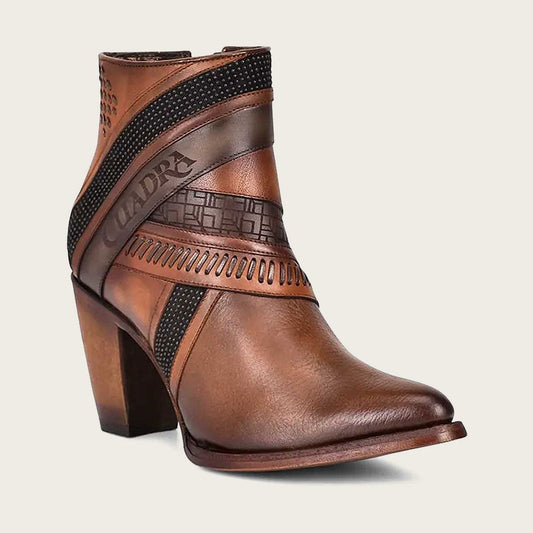 Hand-painted brown leather ankle bootie