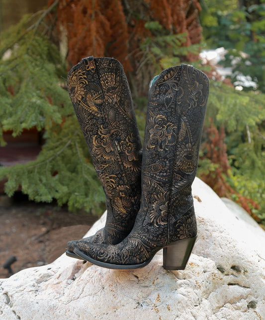 Women's Black And Gold Stamped Suede Floral Tall Top Boot