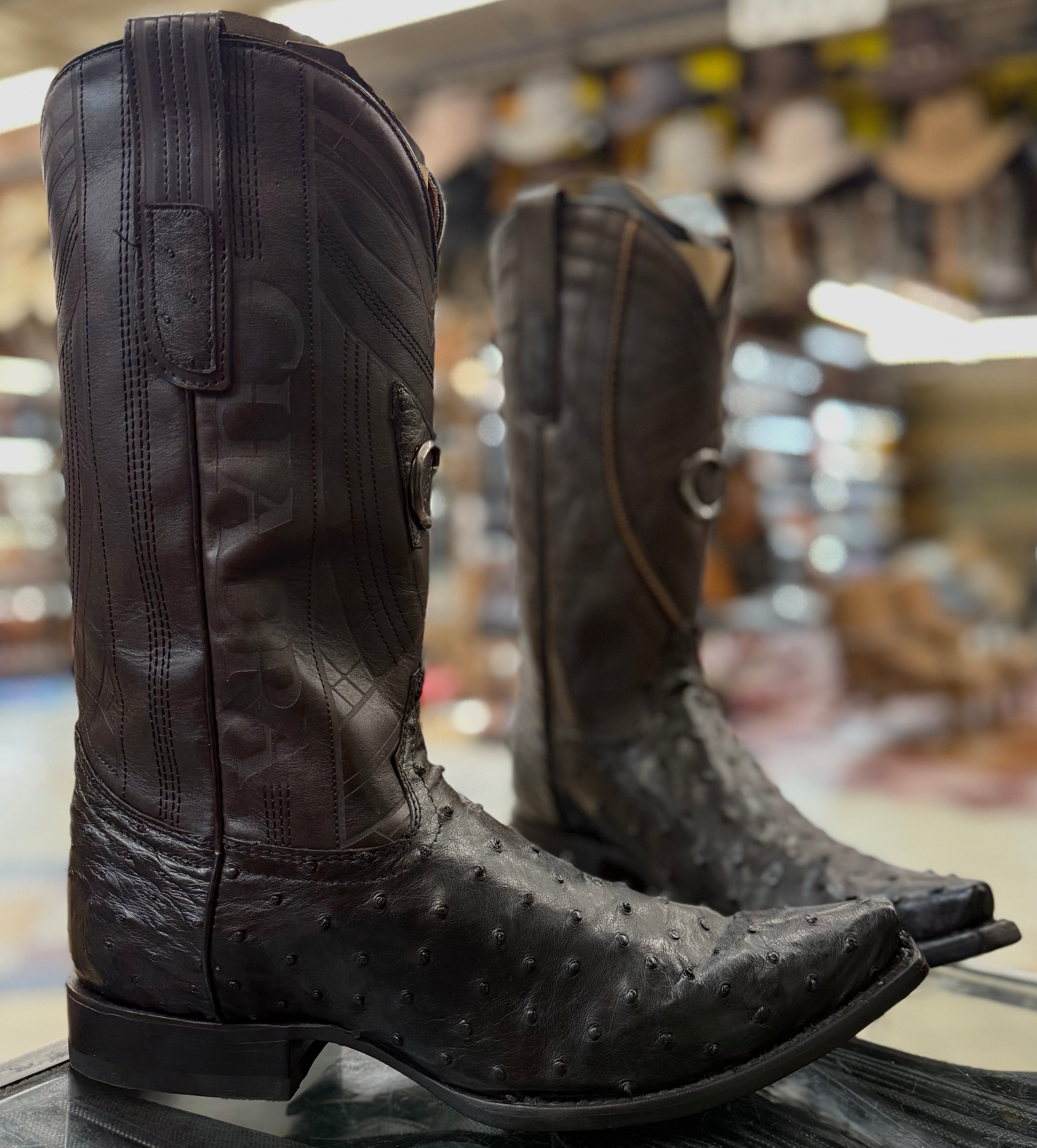 Cuadra Black Ostrich Pointed Toe Boots