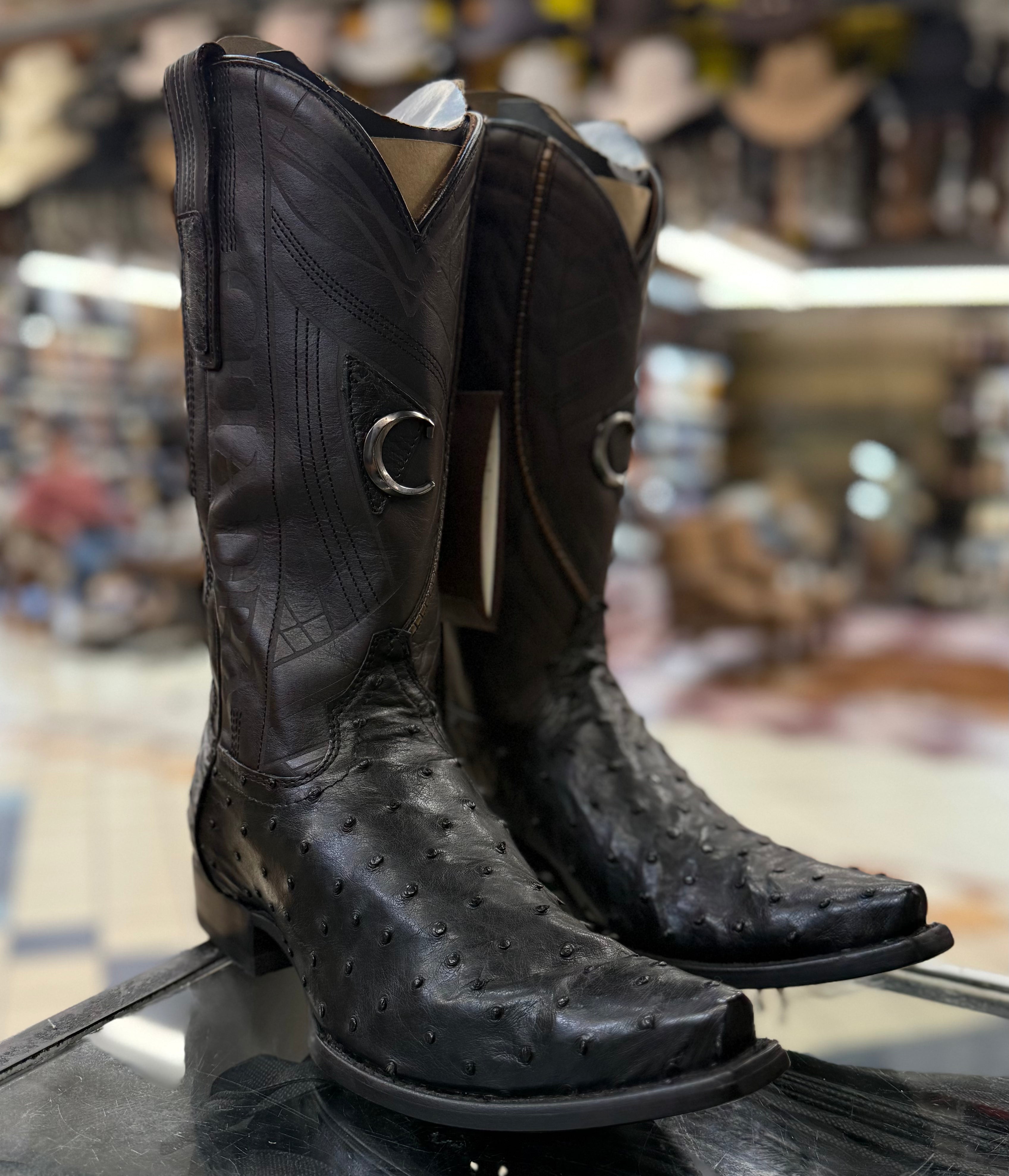Cuadra Black Ostrich Pointed Toe Boots
